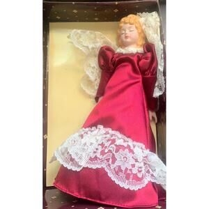 Vintage BERRIE Red Lace Silky Dress Angel Bone China Christmas Tree Topper